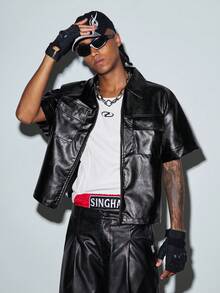 Modcrash Mens Black PU Leather Shirt, Short Sleeve Streetwear Button Down For Business Casual And Parties - Black - View 2
