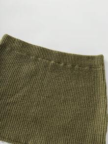 SHEIN Fall Winter Green Deep V Rib Knit Two Pieces Set, Oversized Lazy Sweater + Lace Hem Spliced Bodycon Knit Skirt, Vertical Rib Textured Casual Outfit - Army Green - View 4
