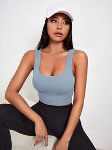 Gameset SHEIN Sport 女款素色羅紋無縫日常健身運動內衣 - 寶藍色 - 查看 2
