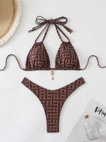 Swim Vcay Women's Random Print Sexy Halter Bikini Set With Metal Decor, Beach Summer Outfits - Multicolor - View 3