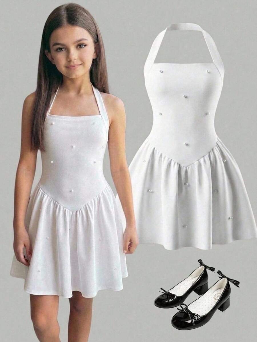 SHEIN Girlism 少女休闲优雅白色串珠针织吊带修身A字迷你连衣裙,收腰设计,适合情人节派对、外出、返校等场合穿着 - 白色 - 查看 1