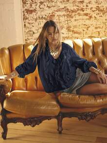 Aralina Ruffled V-Neck Long Sleeve Front Tie Blouse - Navy Blue - View 5
