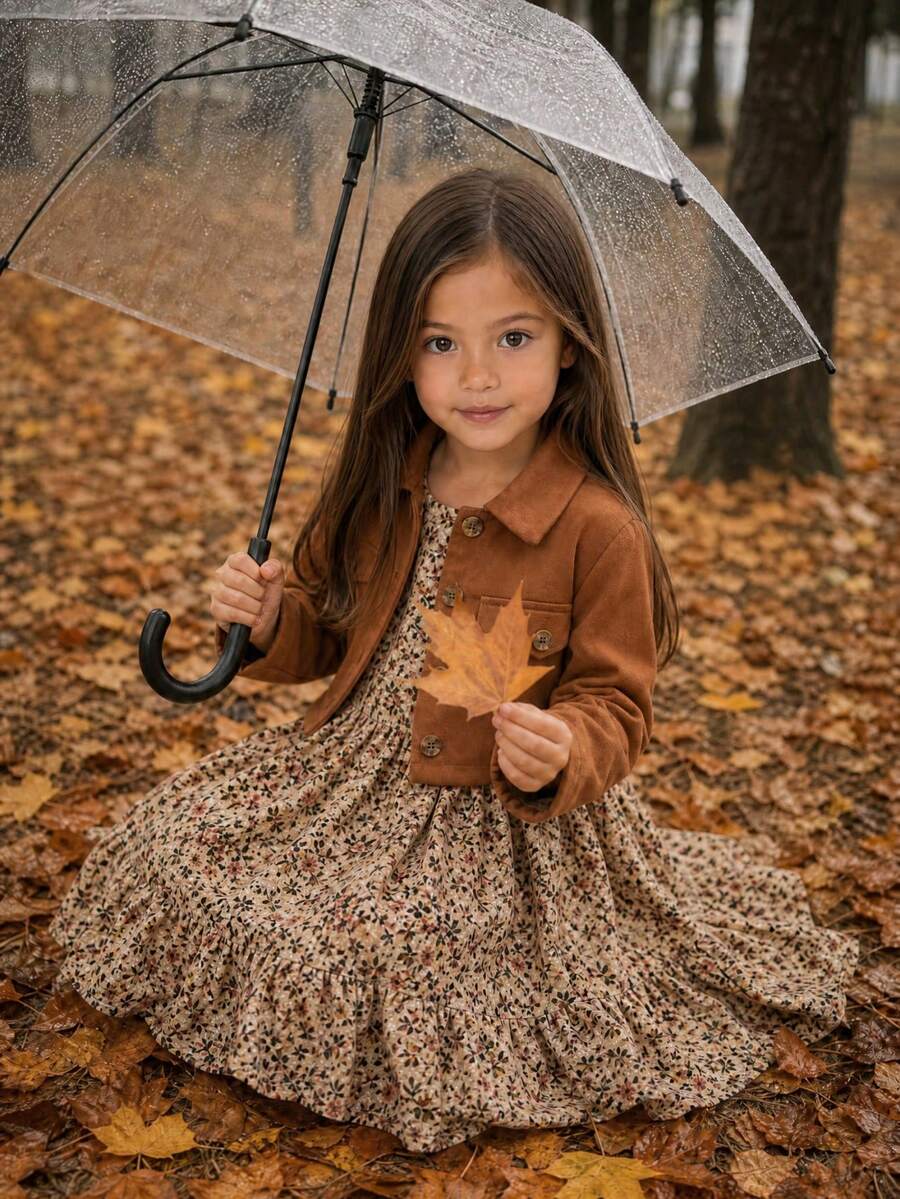 Emery Rose Kids Kids 2pcs Young Girl Ditsy Floral Camisole Dress & Solid Color Cardigan Set - Khaki - View 1