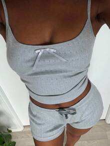 Livesso 女款蝴蝶結裝飾細肩帶上衣與短褲休閒居家服套裝 - 灰色 - 查看 4