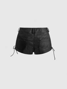 ROMWE Grunge Punk Celana Pendek PU Ketat Pinggang Sangat Rendah dengan Desain Tali dan Paku Keling Logam Salib Punk Seksi - Hitam - View 2