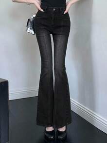 DAZY Teen Girl Solid Color Slant Pocket Fitted Flare Leg Jeans - Black - View 1