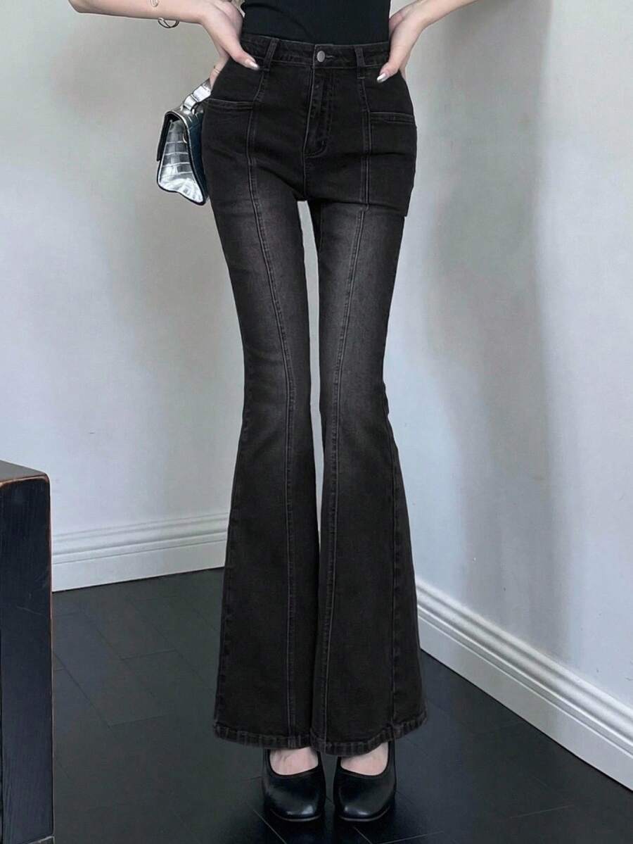 DAZY Teen Girl Solid Color Slant Pocket Fitted Flare Leg Jeans - Black - View 1