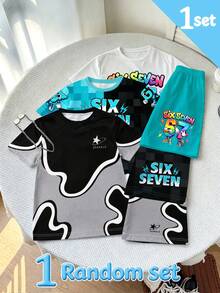 SHEIN 1 Random Set, Colorblock Letter Block Print Short Sleeve Set, Casual Fashion Style - Multicolor - View 3