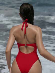Swim SXY 女士性感纯色镂空交叉挂脖系带钢圈连体泳衣 - 紅色 - 查看 2
