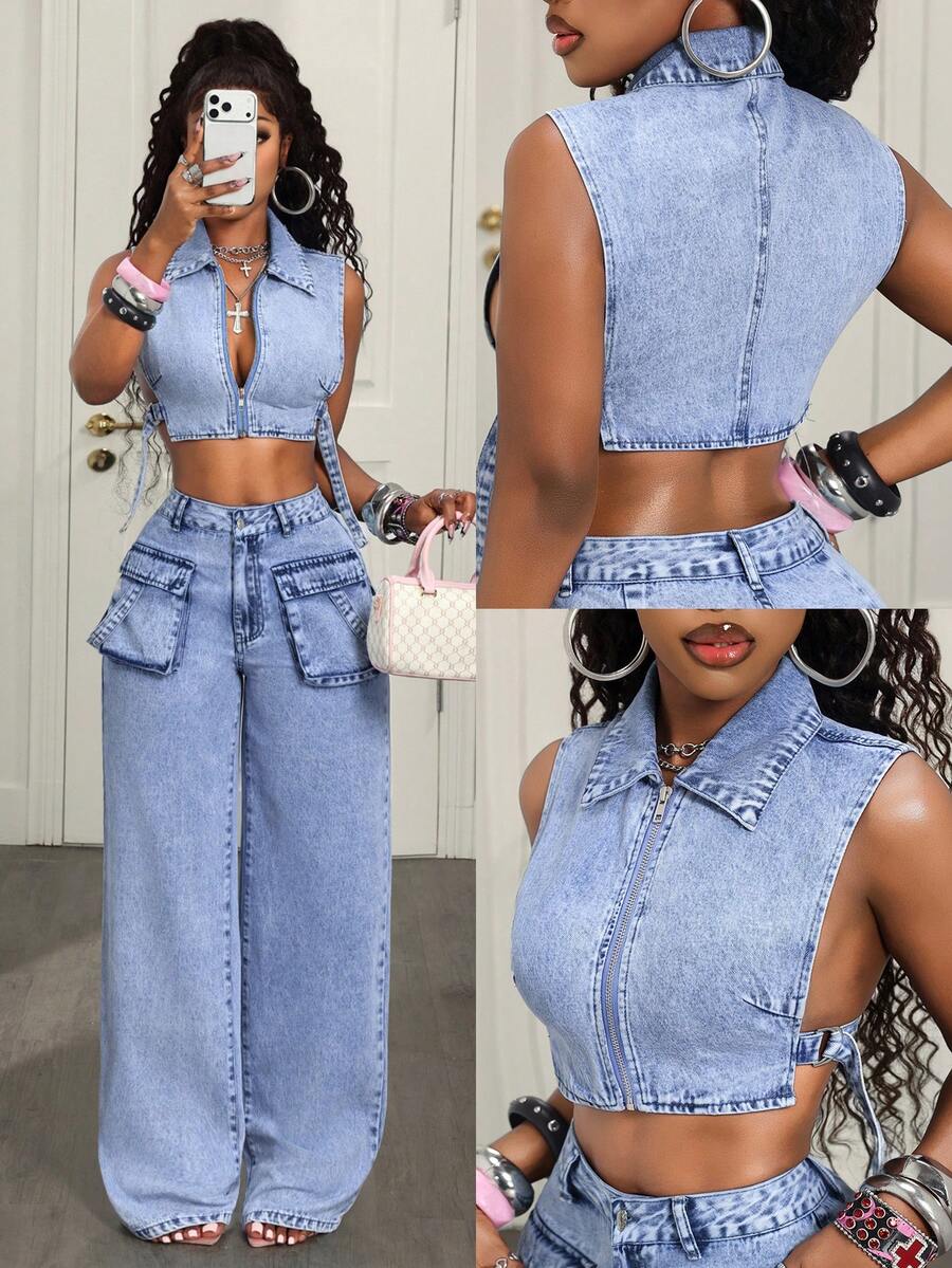 Slaydiva Casual Denim Top For Women - Blue - View 1