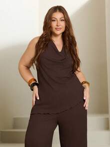Lele Munniz Chocolate Brown Plus Size Women 2 Pieces Set: Halter Top & Pants - Chocolate Brown - View 4