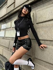 Jeanoix 女款鈕扣休閒百搭日常旅行短褲 - 黑色 - 查看 5