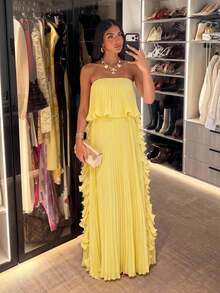 Lumalex New Spring/Summer Pleated Lemon Yellow Lace Trim Bandeau Long Dress Dinner Day Party Elegant - Light Yellow - View 6