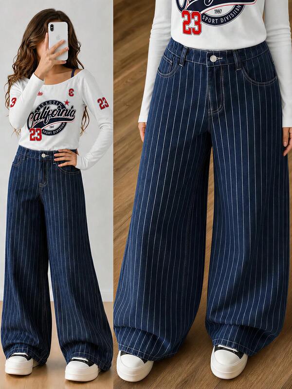 SHEIN Modieuze, losse, rechte jeans met blauwe strepen voor tienermeisjes. Comfortabele elastische tailleband, zachte katoenen stof, geschikt voor vakantie, dagelijks gebruik, school, werk, feestjes, thuis en festivals.