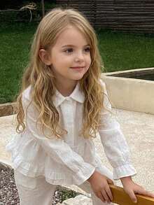Dazy Kids Young Girl French Style Versatile Single-Breasted Ruffle Hem Blouse - White - View 5