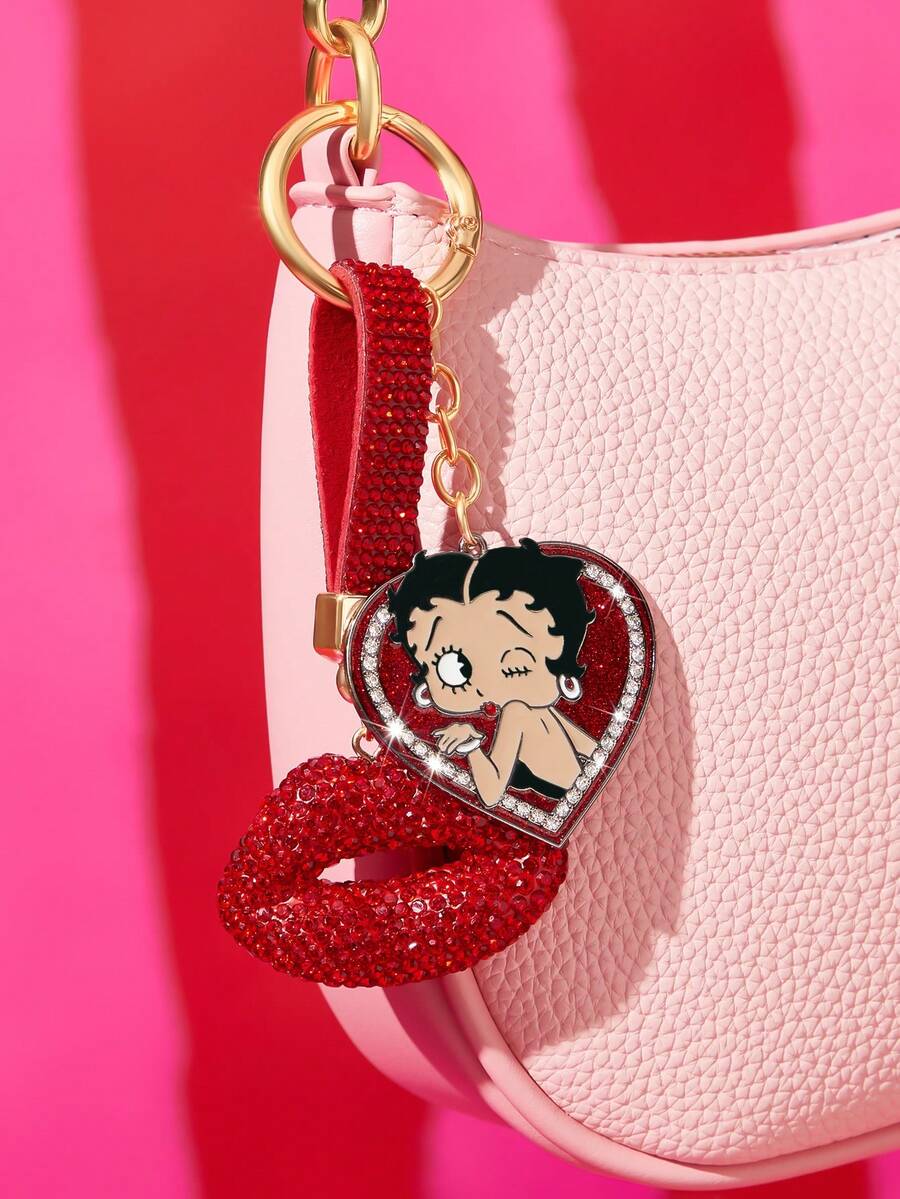 Betty Boop x SHEIN 多色紅色閃鑽唇形金屬包包吊飾 愛心吊飾 女生風包包掛飾配件禮物 - 彩色 - 查看 1