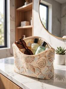 1pc Portable Cosmetic Bag, Ocean Series Shell & Starfish Pattern Double-Sided Print, Travel Zipper Makeup Pouch, Multi-Function Toiletry Storage Bag - Multicolor - View 3