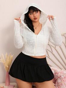 CovetEZ New Lace Knit Jacquard Hooded Casual Semi-Sheer Plus Size Jacket - Black - View 6