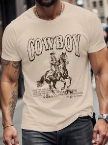Azurnel Vintage Wild Cowboy Poster Print Casual Slim Fit Khaki Short Sleeve T-Shirt For Men - Khaki - View 2