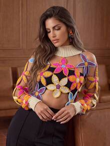 Anewsta Suéter de mujer de cuello redondo con patrón floral calado, manga larga, para primavera y otoño - Albaricoque - Ver 3