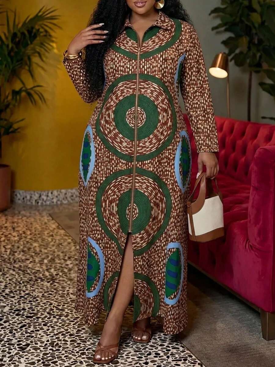 Veslaya 春夏女款大尺碼新款大膽優雅女性風收腹修身透氣優雅浪漫經典印花長版寬鬆A字襯衫洋裝