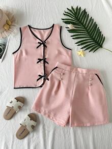 SHEIN Sparklyn ChillGRL 青少女 2件組淺粉色夏季可愛度假款無袖上衣與短褲套裝，圓領開襟衫配蝴蝶結鈕扣 - 粉色 - 查看 3
