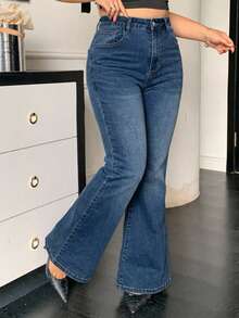 Dazy Plus Plus Size Washed Blue Distressed Stretch Slim Fit Button Flare Jeans - Medium Wash - View 7