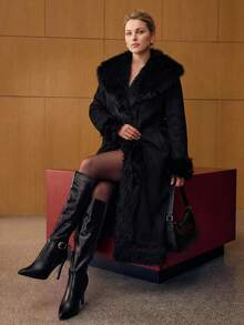 MOTF PREMIUM WOMEN'S PLUS SIZE AUTUMN/WINTER SHEARLING LONG COAT - Black - View 5