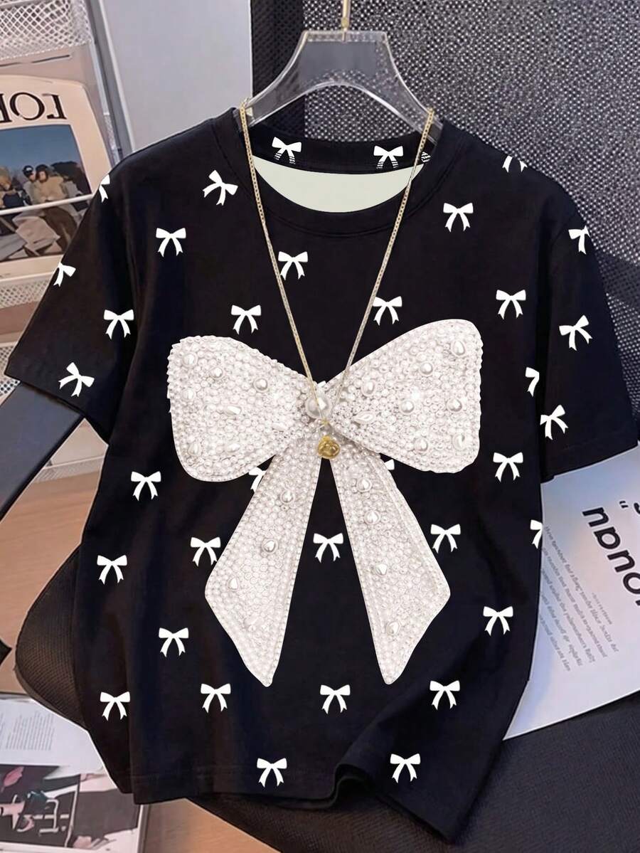 Tween Girls Casual Fashion Sweet Exquisite Large Bow Pattern Print Paired With Mini Bow Pattern Short Sleeve Round Neck T-Shirt, Suitable For Outings, Holiday Parties, Daily Wear, Summer Tops - Multicolor - View 1