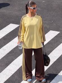 Muchica 女款側條紋長袖運動衫與長褲休閒街頭風兩件套旅行棕色條紋秋季 - 彩色 - 查看 6