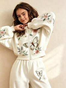 SHEIN Tween Girls 2pcs/Set Fall Set Floral Butterfly Zip Jacket Wide Leg Pants Outfit, Cute, Casual - White - View 1