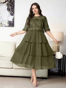 Reflora Vestido elegante de verano con patchwork de encaje para tallas grandes - Verde - Ver 5