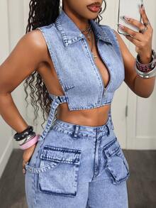 Slaydiva Casual Denim Top For Women - Blue - View 5