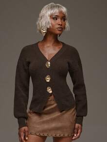 Normani Atasan Rajut Wanita Warna Polos dengan Dekorasi Logam, Kasual, Serbaguna untuk Pemakaian Sehari-hari - Coklat - View 5