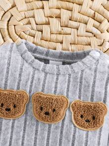 SHEIN 2件組韓式羅紋刷毛質感新生兒寶寶卡通熊刺繡運動衫長褲套裝，可愛休閒灰色秋季款 - 灰色 - 查看 5