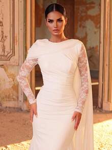 Aureia Elegant Classical Round Neck Multi-Style Combination Asymmetrical Shoulder Sheer Long Sleeve Chiffon Drape Waist Pleat Body-Flattering Bodycon Train - White - View 8