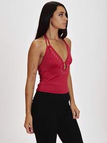 MUSERA Red Slinky Embellished Double Strap Halterneck Top Summer Holiday Ibiza Festival Black Lotus - Red - View 4
