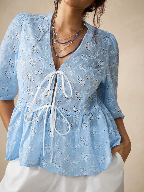 Nubod Plus Size Women's Burnout Embroidery Pleated Casual Versatile Daily Wear Shirt Fall