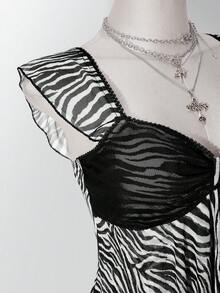 SHEIN ICON 女款大尺碼斑馬紋不對稱下擺荷葉袖上衣 - 彩色 - 查看 10
