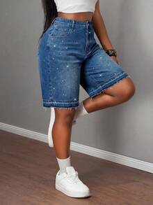 Slaydiva Shorts de mezclilla de talla grande con botones de strass, bolsillos y dobladillo deshilachado, versátiles - Azul lavado oscuro - Ver 4