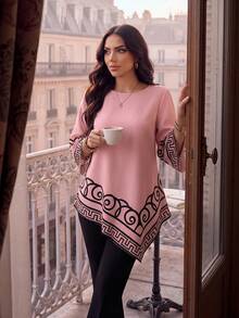 SHEIN Lady Women's Round Neck 3/4 Bell Sleeve Geometric Print Asymmetric Hem Loose Blouse - Multicolor - View 5