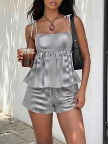 FavEase Women's Vacation Blue Casual Striped Camisole And Shorts 2 Pieces Set, Suitable For Casual Vacation, Outings, Dates, College, Daily, Office, Home - Black and White - View 5