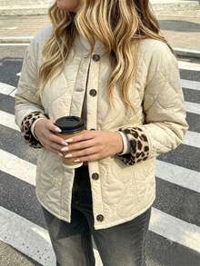 SHEIN LUNE CURVE Market Casual Quilted Gourd Ripple Lining Leopard Print Pattern Plus Size Women's Padded Coat - Khaki - View 6
