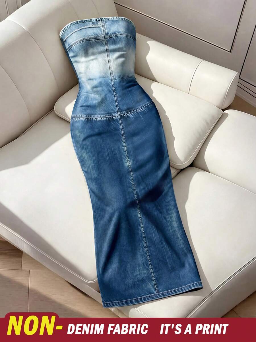 Resyla 女款時尚牛仔效果印花街頭風後開衩抹胸洋裝 - 彩色 - 查看 1