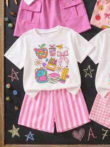 1Random Set, Young Girls Soft Fabric Round Neck Short Sleeve T-Shirt Set, With Cute Cartoon Pencil Pattern, Suitable For Back To School Season - Multicolor - View 6