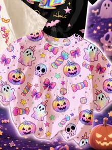 3件組！萬聖節嘉年華少女休閒舒適圓領短袖萬聖節T恤，Summerween，萬聖節霓虹發光小鬼、南瓜、蝙蝠、糖果、不給糖就搗蛋！就等著萬聖節！ - 彩色 - 查看 3