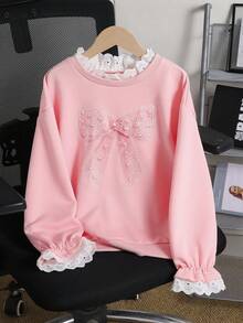 SHEIN 女童休閒韓系拼接白色蕾絲刺繡領口與袖口喇叭袖衛衣，適合外出、上學與通勤 - 粉色 - 查看 4