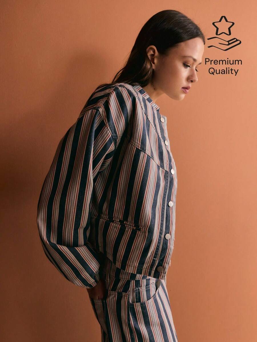 Nöista Striped Jacket With Silver Snap Buttons, Lightweight Elegant Fall Casual Outerwear, Back To School, Office, Going Out Style - Blue - View 1