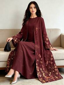 SHEIN Najma 女款復古酒紅花卉漸層印花時尚長袖休閒阿巴亞開襟長外套，春夏秋季長洋裝，適合日常穿著、度假與日常穿搭 - 彩色 - 查看 1