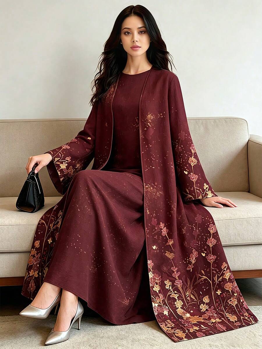 SHEIN Najma 女款復古酒紅花卉漸層印花時尚長袖休閒阿巴亞開襟長外套,春夏秋季長洋裝,適合日常穿著、度假與日常穿搭 - 彩色 - 查看 1